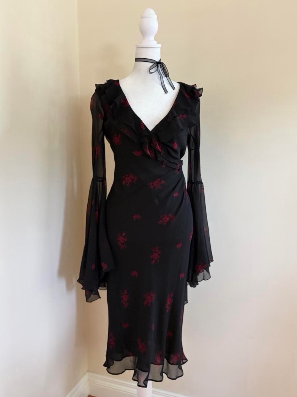 Vintage Y2K silk black ruffle goth bias cut floral dress LIKE Betsey Johnson S - Picture 4 of 10